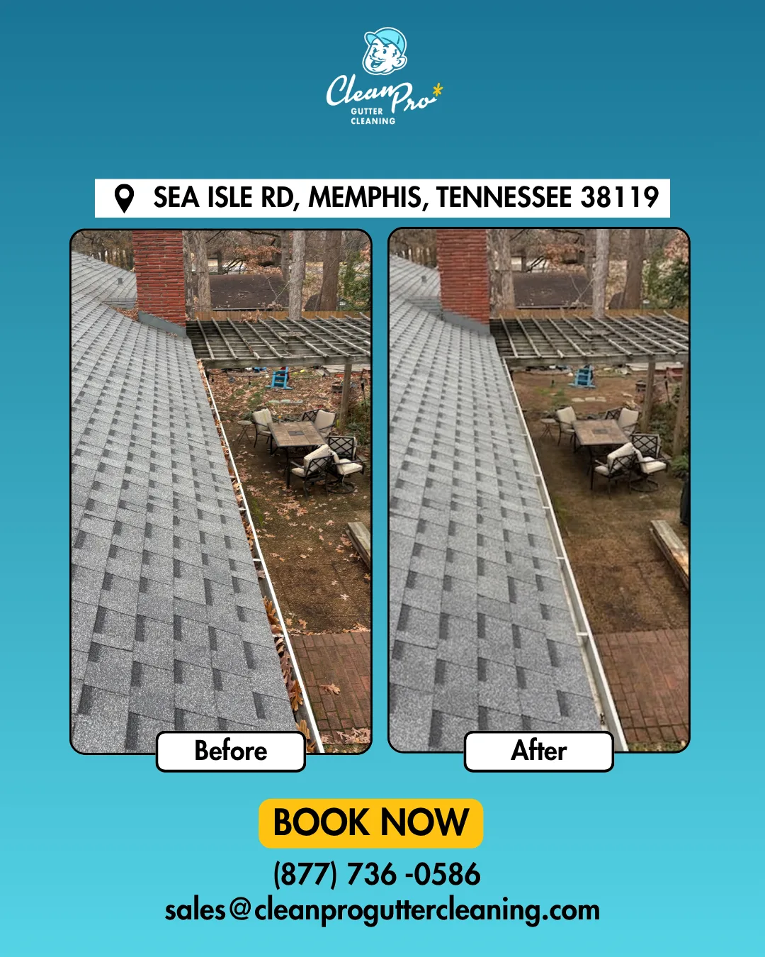 Before and after gutter cleaning on Sea Isle Rd, Memphis, TN