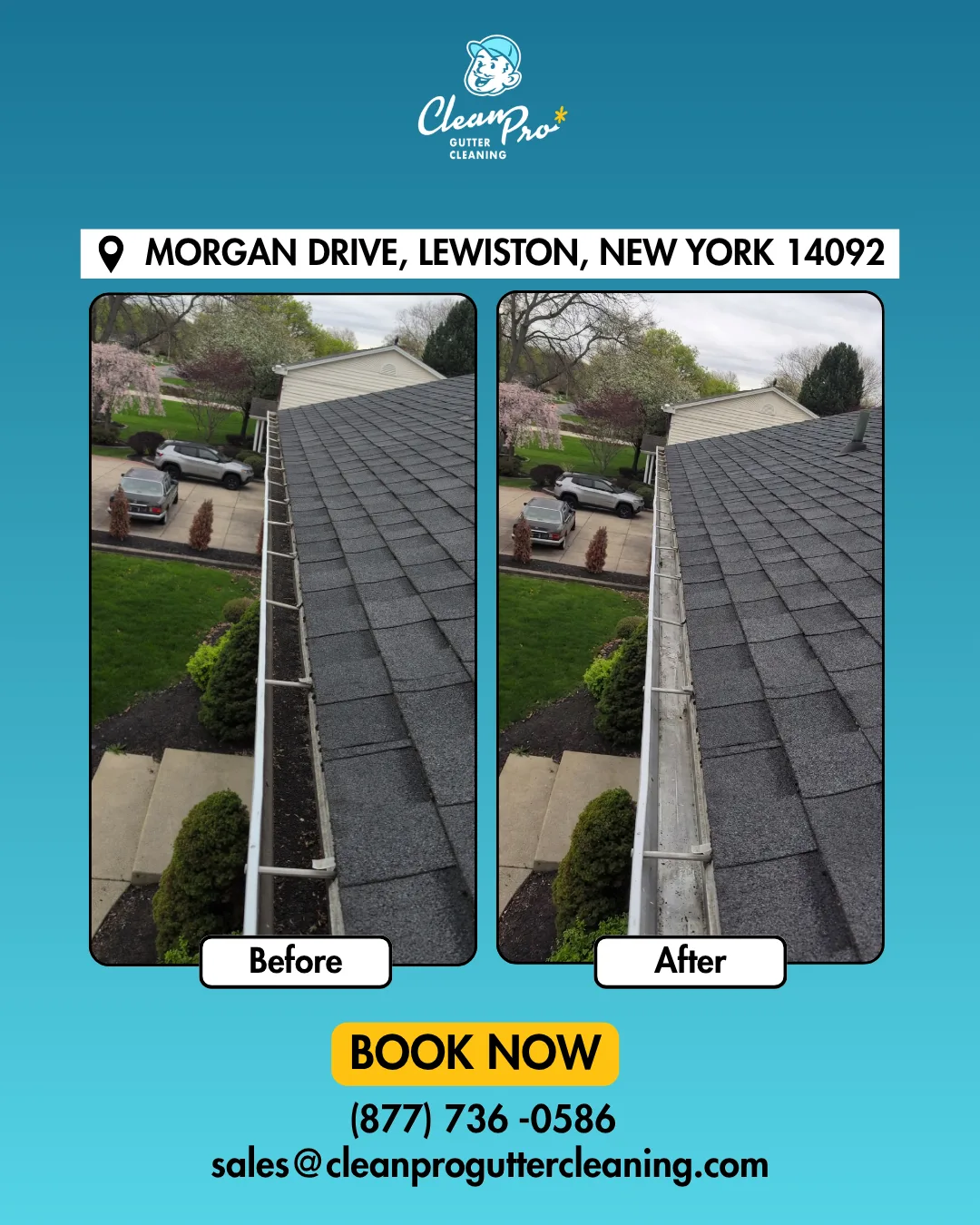 Before and after gutter cleaning on Morgan Drive, Lewiston, NY