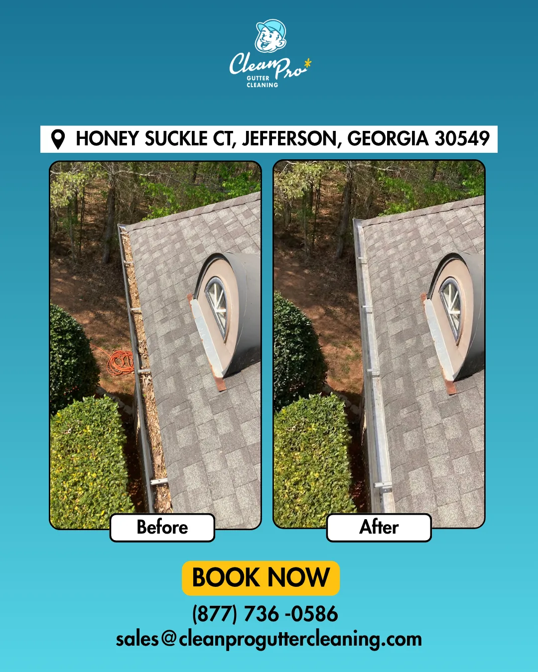 Before and after gutter cleaning on Honey Suckle Ct, Jefferson, GA