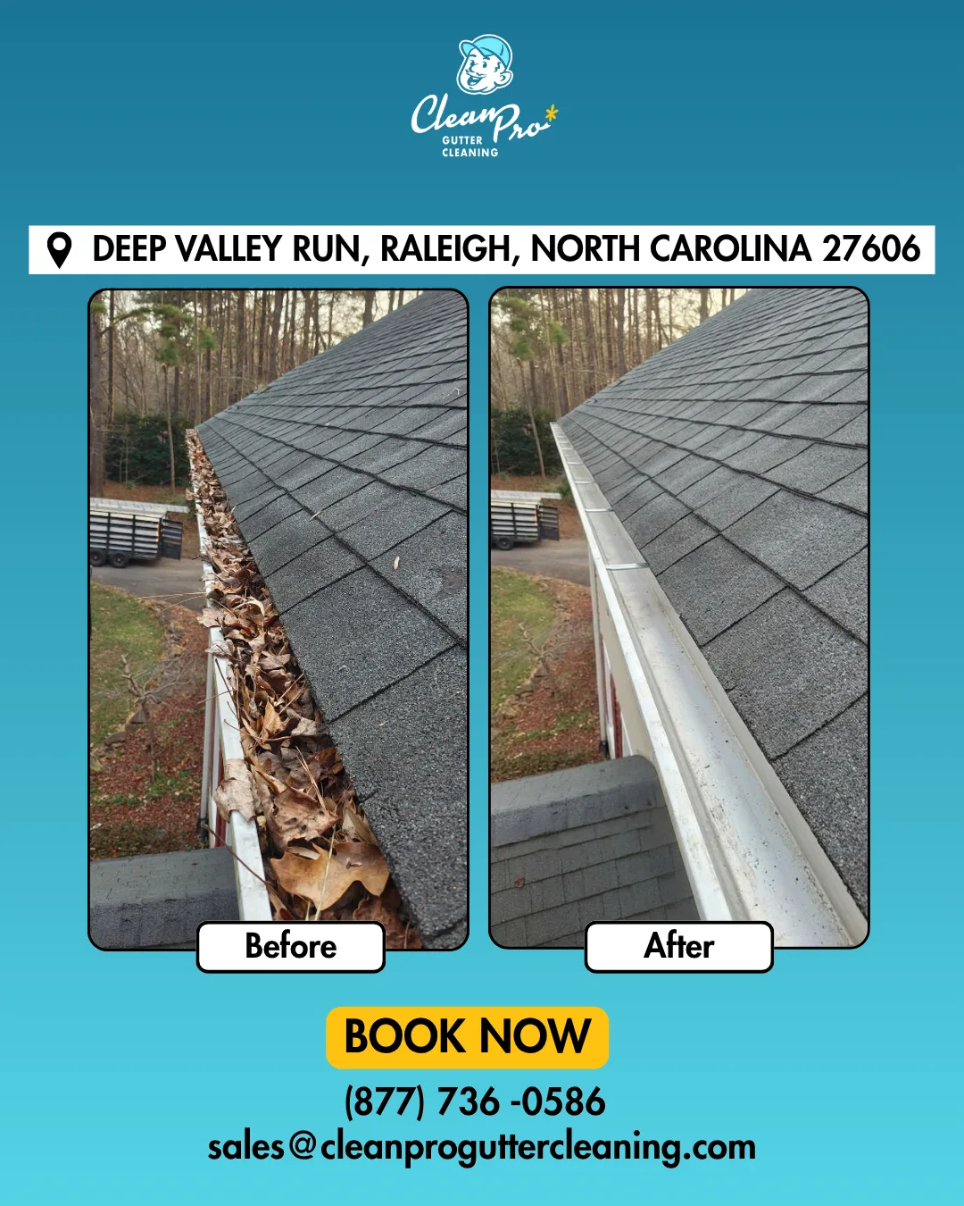 Before and after gutter cleaning on Deep Valley Run, Raleigh, NC