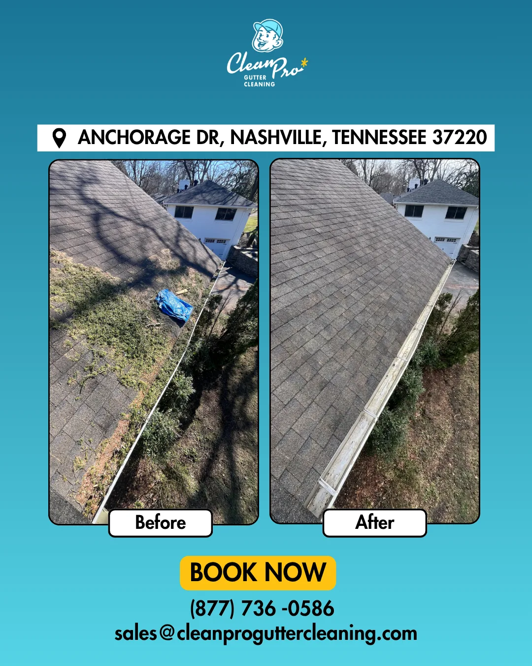 Before and after gutter cleaning on Anchorage Dr, Nashville, TN