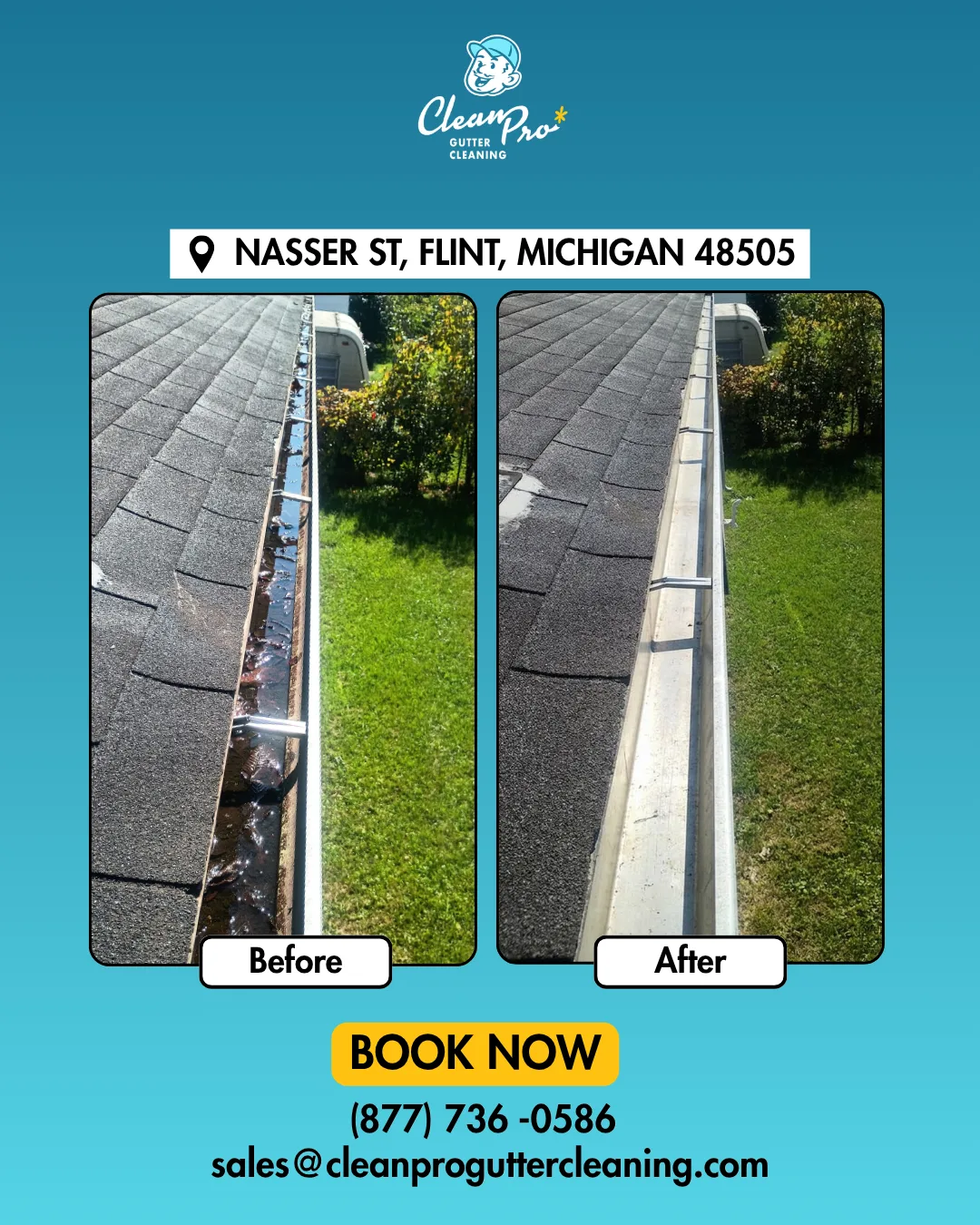 Before and after gutter cleaning on Nasser St, Flint, MI