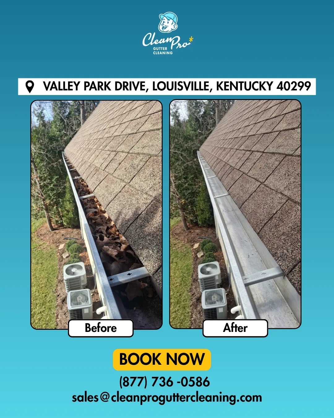 Before and after gutter cleaning on Valley Park Drive, Louisville, KY