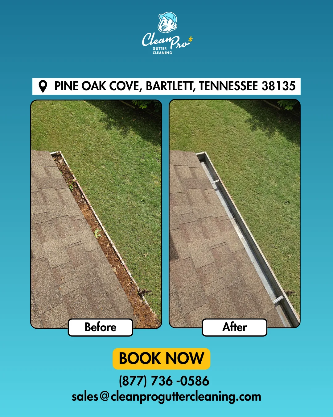 Before and after gutter cleaning on Pine Oak Cove, Bartlett, TN