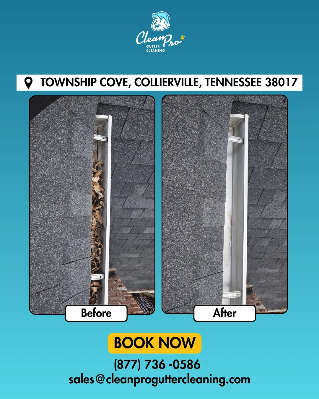 Before and after gutter cleaning on Township Cove, Collierville, TN