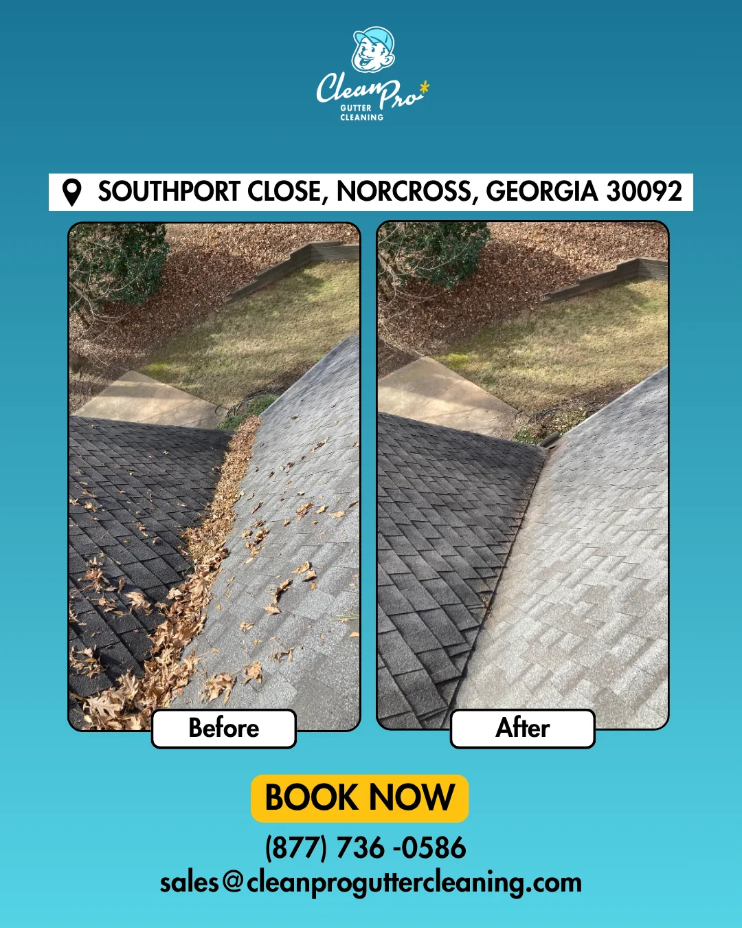 Before and after gutter cleaning on Southport Close, Norcross, GA