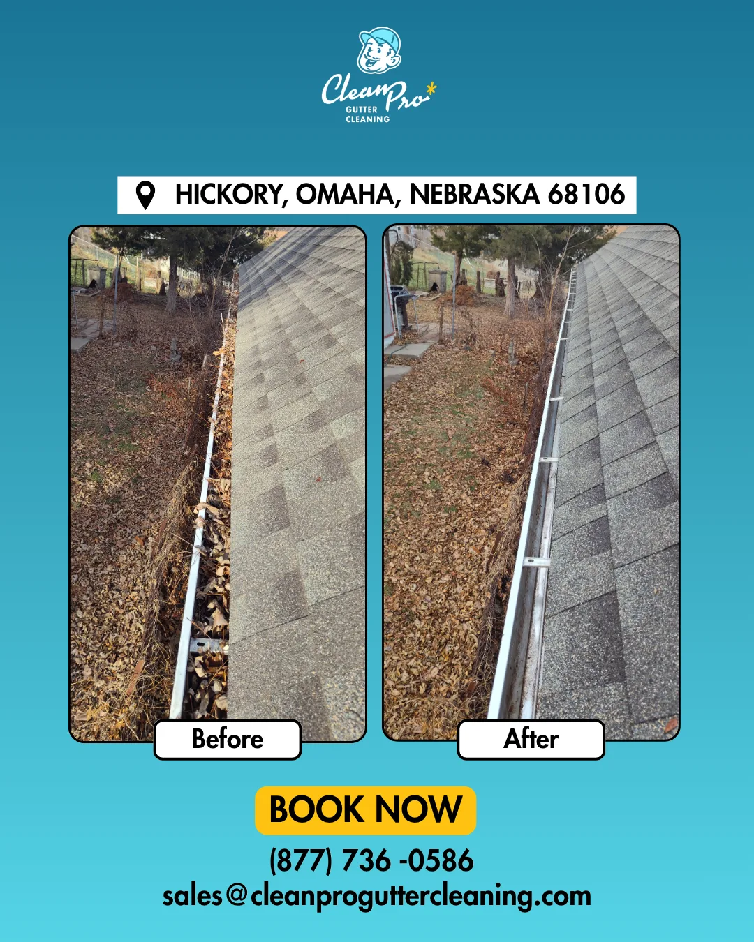 Before and after gutter cleaning on Hickory, Omaha, NE