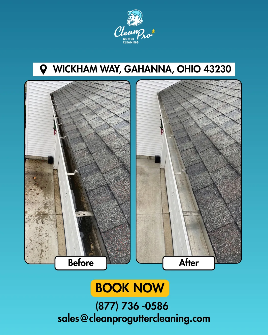 Before and after gutter cleaning on Wickham Way, Gahanna, OH