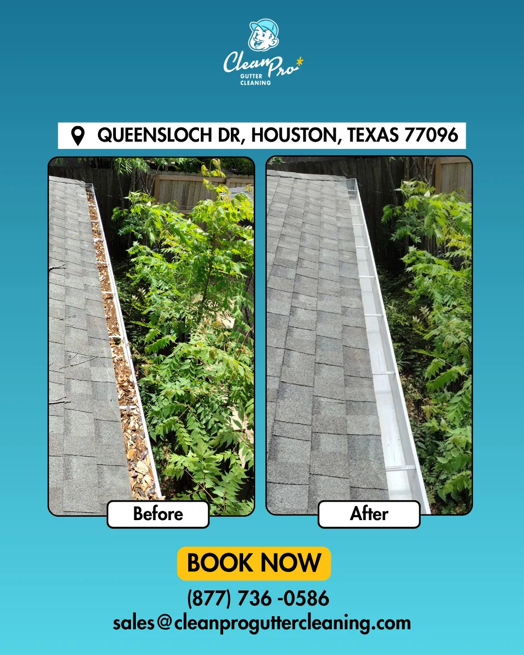 Before and after gutter cleaning on Queensloch Dr, Houston, TX