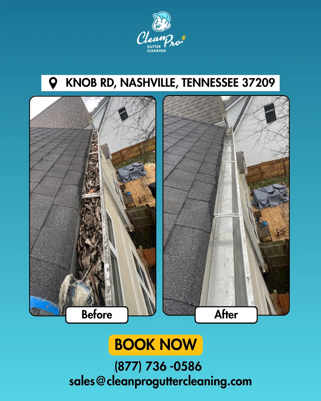Before and after gutter cleaning on Knob Rd, Nashville, TN