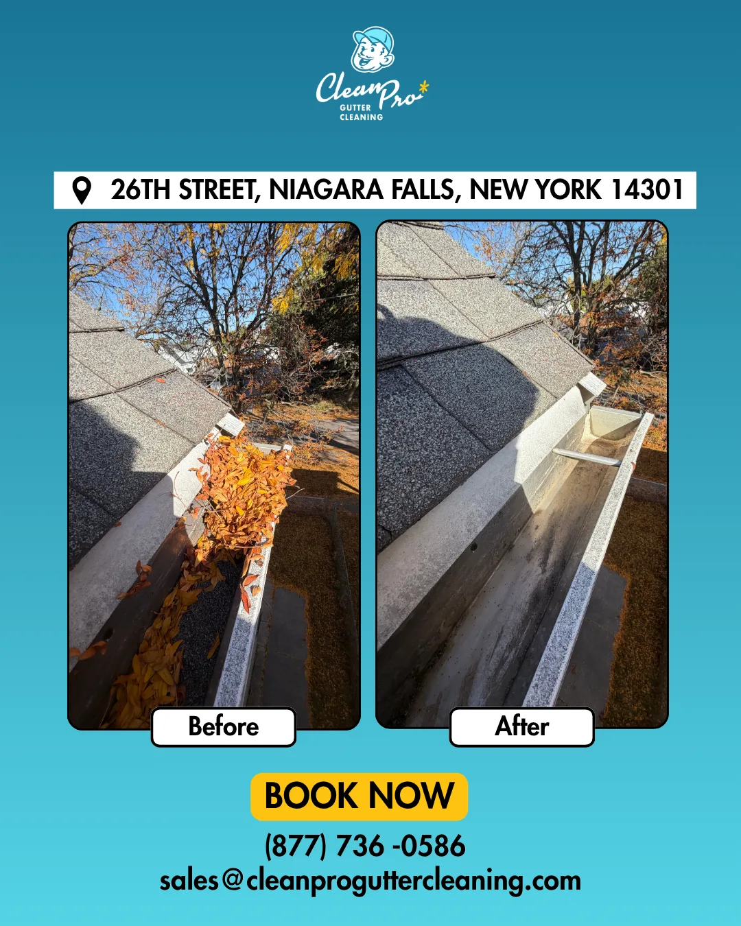Before and after gutter cleaning on 26Th Street, Niagara Falls, NY